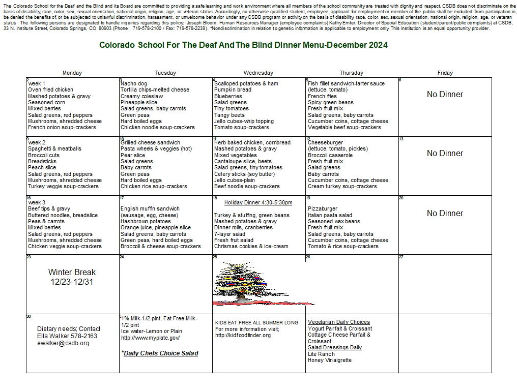 December 2024 Dinner Menu