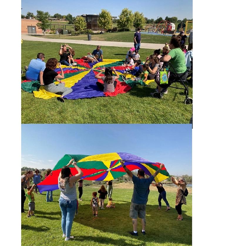 top: parents and young children sit on a parachute at the park; bottom: parents lift parachute while kids run under