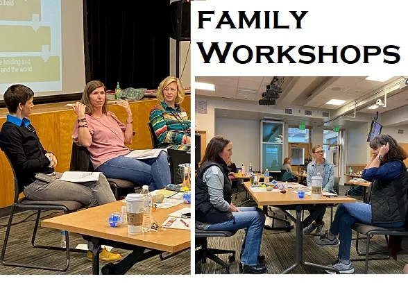 Two photos of ladies receiving training, Text: Family Workshops