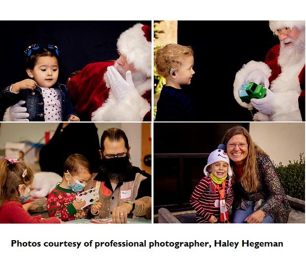 Top photos, girl and boy communicate with Santa; lower left, man and boy work at craft table; lower right, woman and child hug and smile