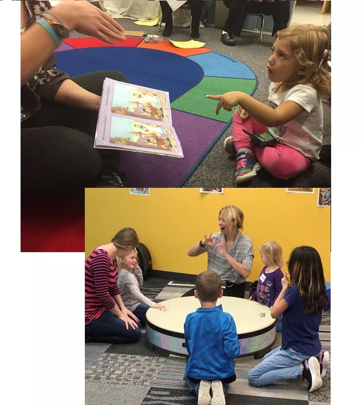 Top: girl uses ASL to sign a letter shown in the book; Lower: four children and two adults sit around a large drum