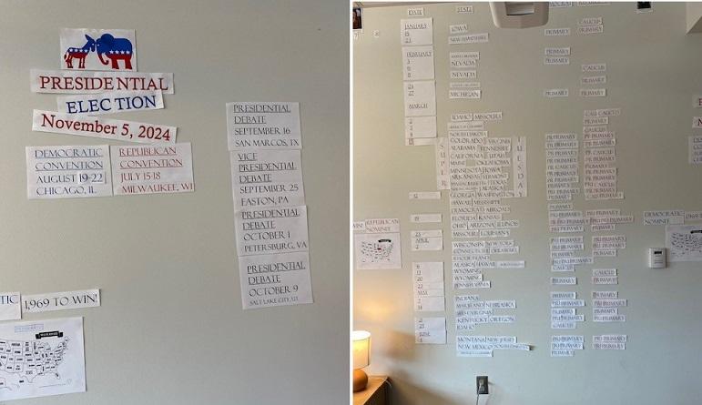 Left, "Presidential Election November 5, 2024" with debate dates; Right, lists of state with their primaries/caucuses