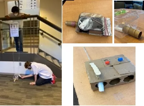 left, two boys test their homemade mouse trap; three photos of different mouse trap styles