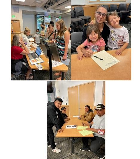 Three photos of a variety of families during Early Registration.