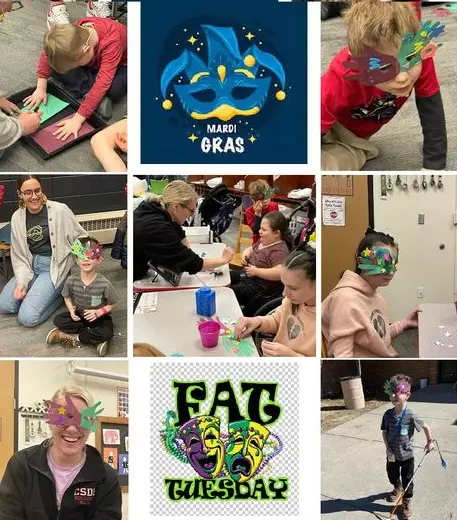 racing boy’s hand for mask structure; Mardi Gras mask graphic; boy wearing mask decorated with stickers. Center row, boy wears mask while teacher watches and smiles; teacher helps two girls create masks, girl wears her completed mask. Bottom row, teacher wears a mask, Fat Tuesday graphic, boy wears mask outside while using cane.