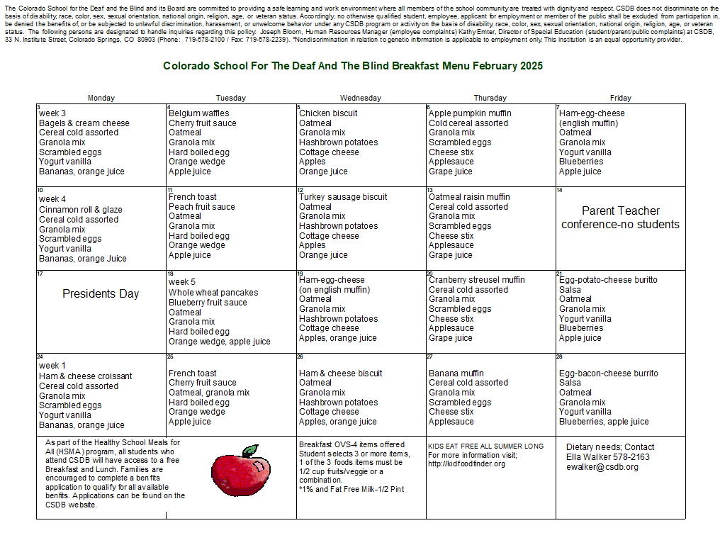 February 2025 Breakfast Menu