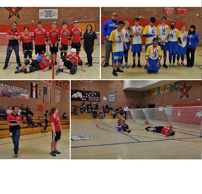Team photos of CSDB and New Mexico School for the Blind and visually impaired, CSDB's MVP and a CSDB goalball team's defensive play
