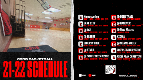 CSDB High School Basketball 21-22 Schedule, image of empty gym on the left and a layout of the schedule on the right