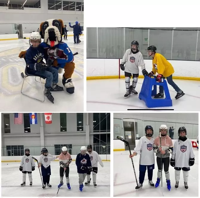 op left student and Avs Mascot; top right, student learns to ice skate with assistance and a hockey player; lower photos, two lines of CSDB students lined up in hockey gear