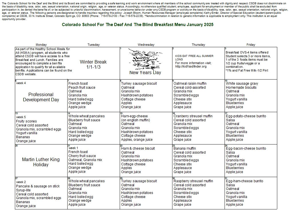 January 2025 Breakfast Menu