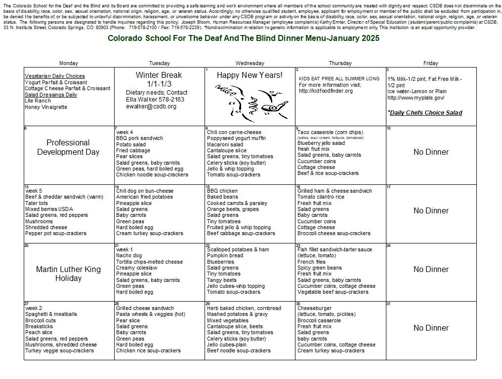 January 2025 Dinner Menu