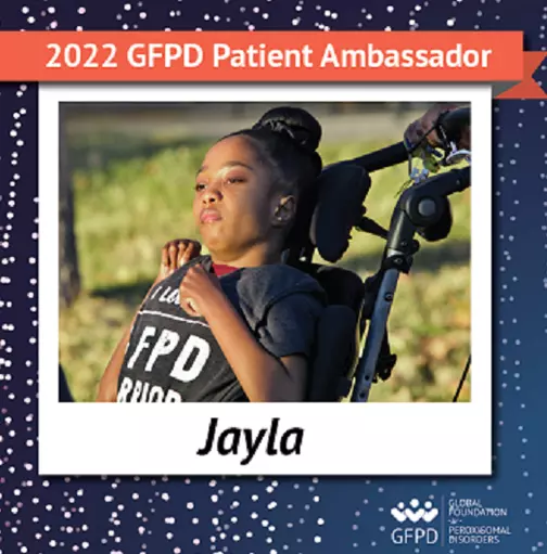 Girl in wheelchair with test 2022 GFPD Patient Ambassador