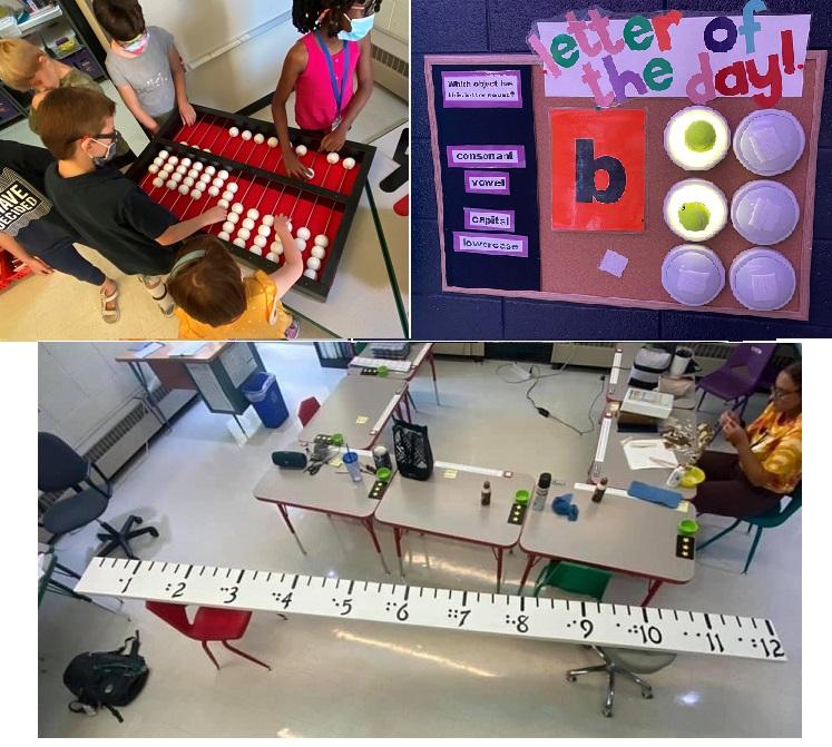 Top left, students feel jumbo abacus; top right, Letter of the day giant braille cell; bottom, giant ruler with braille