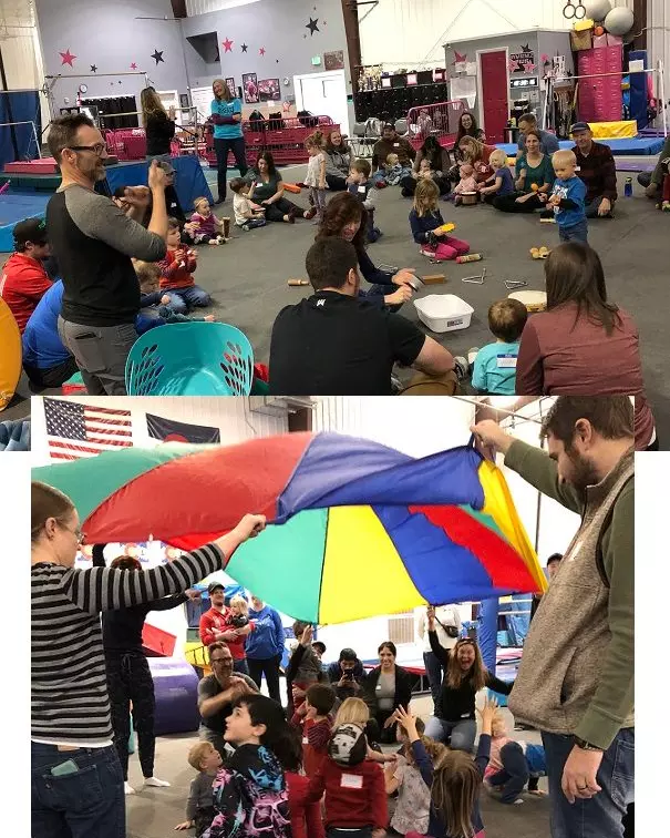 Upper: families sit on the floor in a circle, playing with musical instruments; Lower: Adults raise a multi-colored parachute over young children.