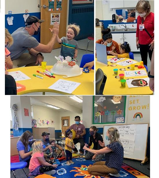 top left, boy smiles and high fives man; top right, girl and mom sign "Face" while Spanish interpreter watches; lower, kids and adults in circletime