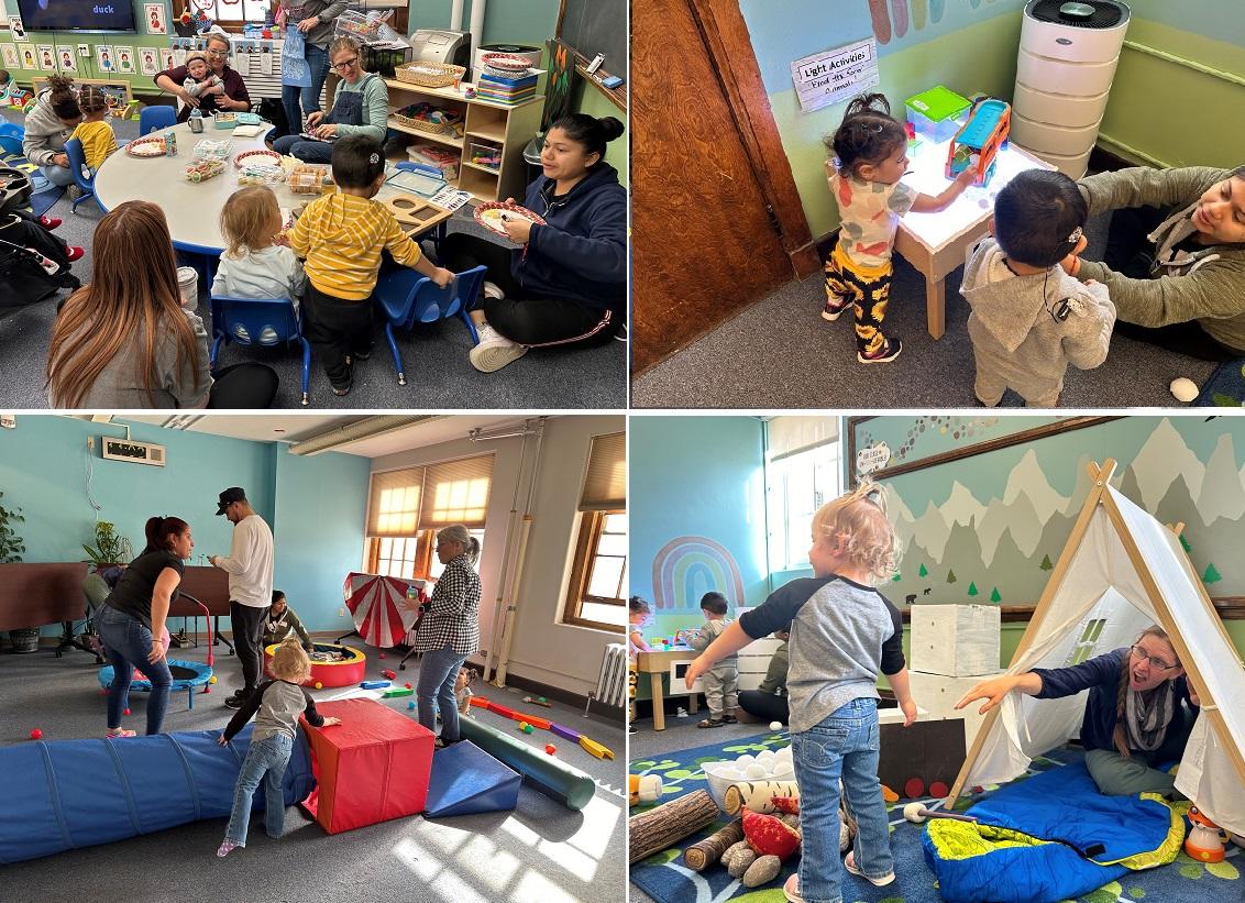 Little Language Learner program with families eating snacks, playing indoors with a canvas tunnel, children exploring a light table and a staff member encouraging a child to enter a tent.