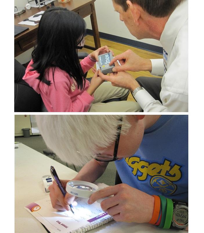 Top, Dr with girl and a magnification device; Bottom, boy holds magnifier while using pen to complete test