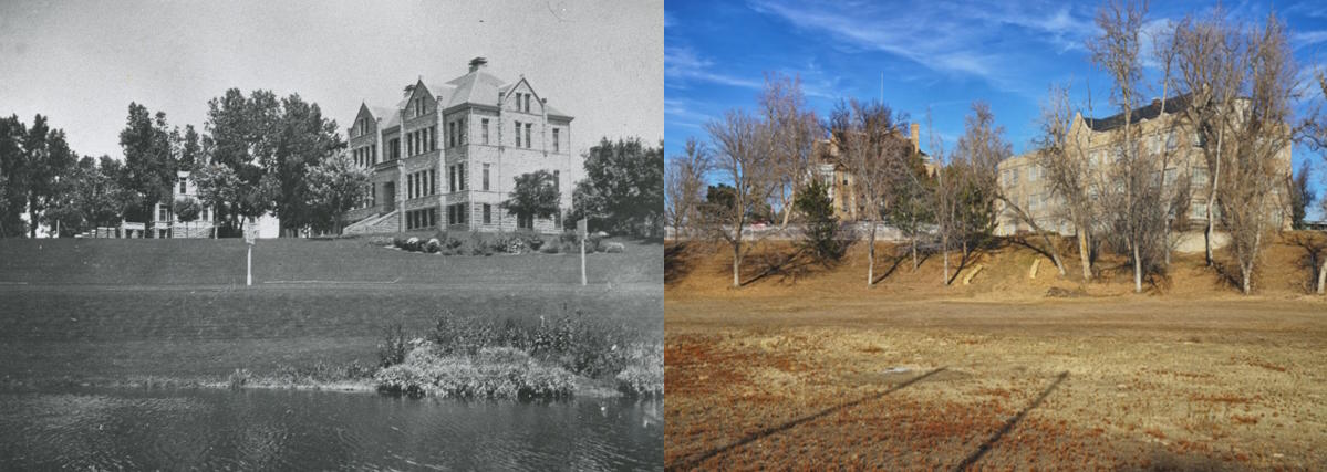 This 1937 photo shows Lake MacDonald, near the SW corner of the campus, and a garden on the land just below what was Girls Hall and the Administration Building Now, that corner contains grass and trees with Brown Hall and the Administration Building in the background.