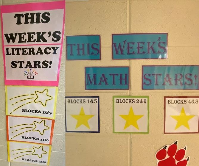 Posters stacked vertically and horizontally with large stars. Text: ‘THIS WEEK’S LITERACY STARS!' or 'THIS WEEK’S MATH STARS!' both say, 'BLOCKS 1&5, BLOCKS 2&6, and BLOCK 4&8.’