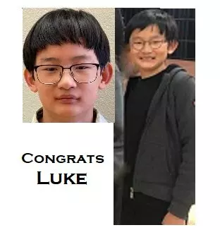 headshot of student, right-student smiles, Text: Congrats Luke