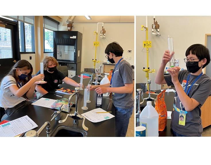 Students at a lab table measure fluids