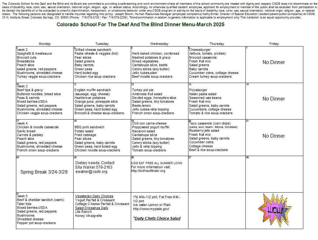 March 2025 Dinner Menu