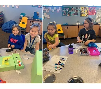 Left: two girls show their St. Patrick's Day box traps; Right, two girls use colorful stones on paper