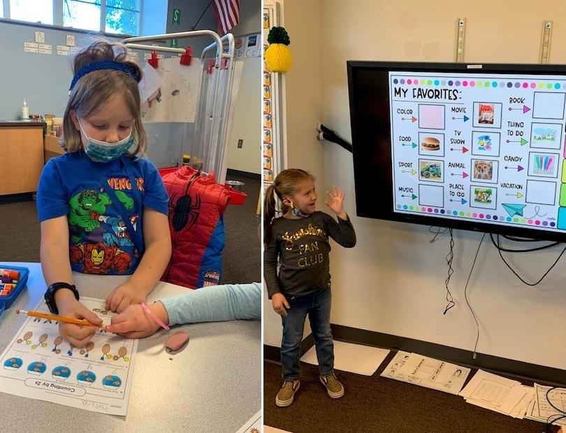 left, girl writes report; right, girl presents next to wall monitor