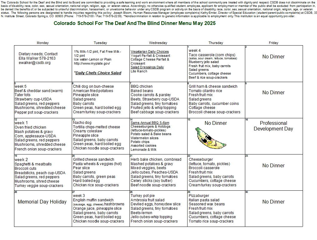 May 2025 Dinner Menu