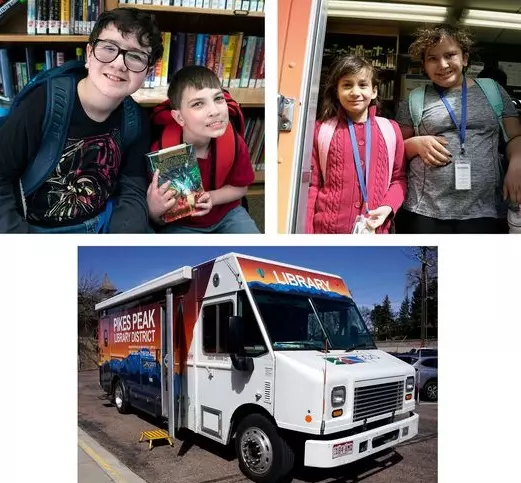 Two photos of two students inside the Bookmobile. One photo of the Bookmobile parked at CSDB