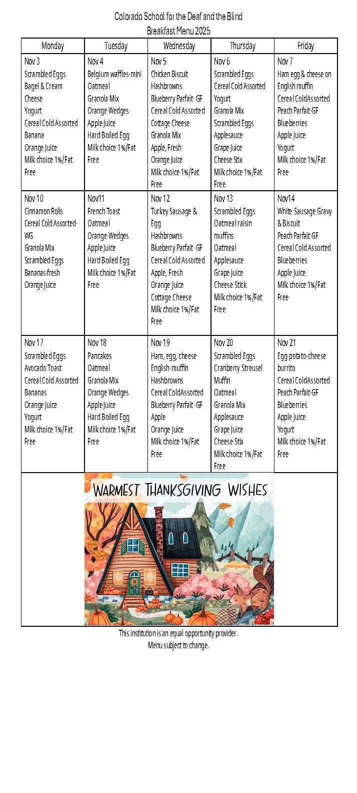 November Breakfast 2025 menu