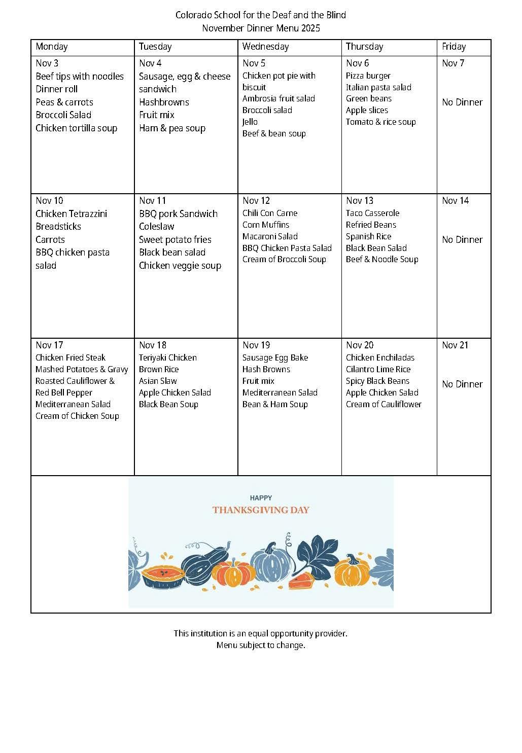 November Dinner 2025 menu