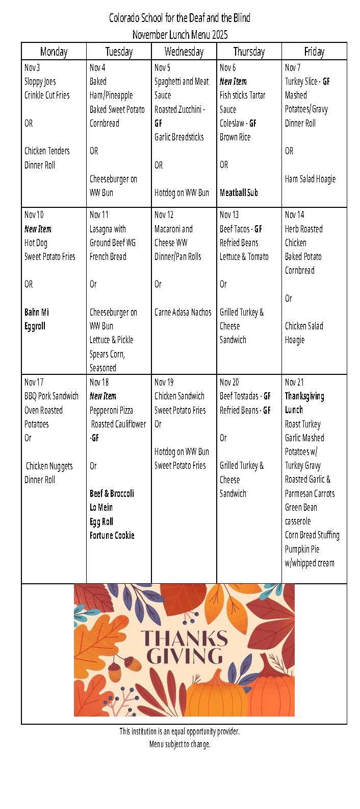 November Lunch 2025 menu