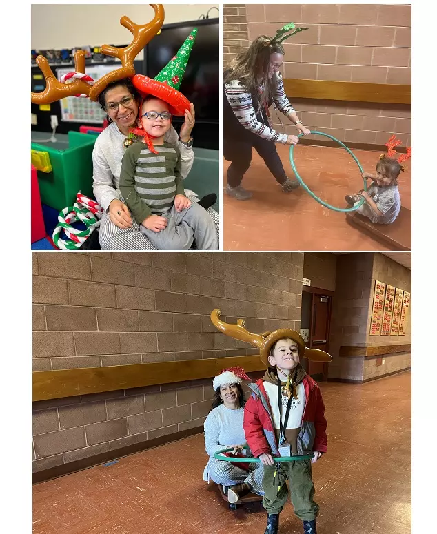 top left, boy in a holiday hat sits with the Occupational Therapist who is wearing reindeer antlers; top right, young child on a roller board holds onto a hula hoop while the Physical Therapist, wearing green antlers, pulls the other end of the hula hoop; lower photo, boy wearing large antlers pulls the OT who is sitting on a roller board and wearing a Santa hat.