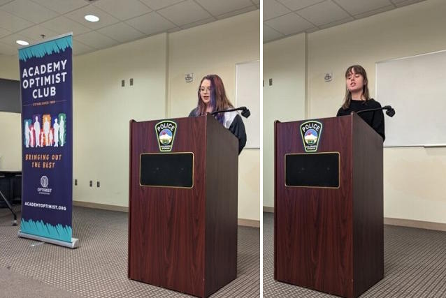  left, female student speaks at a podium with the Academy Optimist Club banner at her right; right, female speaks at a podium.