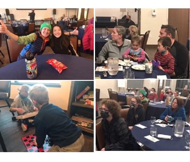 top left, two ladies give thumbs up; lower left, two children play checkers; right, families during workshop