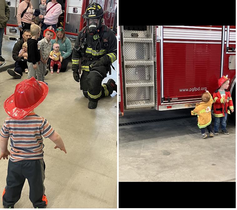 Right: fireman kneels near a young child wearing a firehat; Left, two children in firecoats stand next to a firetruck