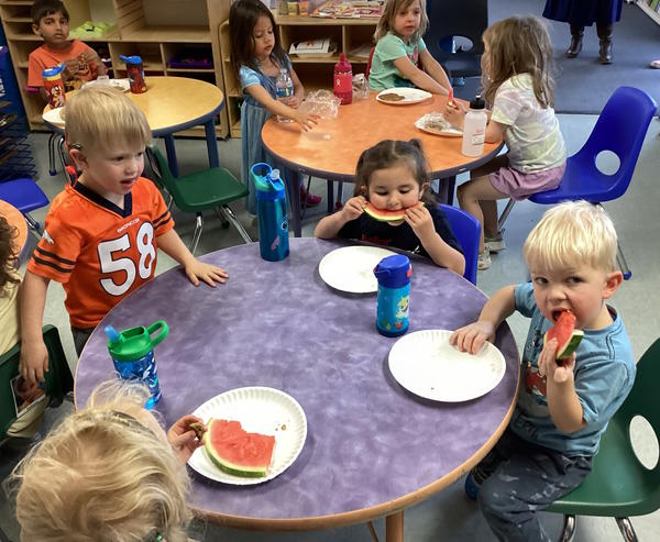 nine preschool students sit around tables eating watermelon.