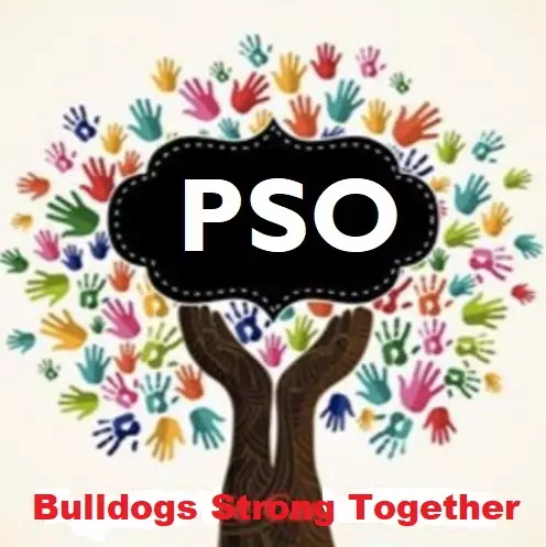 Tree with multi colored hands as leaves and a black logo in the middle of the tree with the letters PSO.  At the bottom of the brown tree trunk, the words Bulldogs Strong Together
