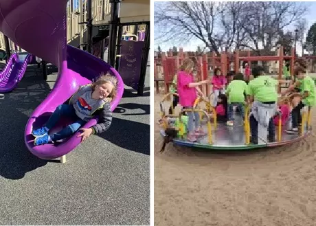 left student at the bottom of the slide; right, students on a merry-go-round.