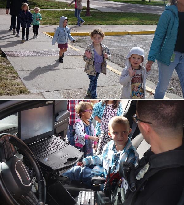 upper, five preschoolers walk in a line with three adults, one preschooler waves; lower, a young boy sits in a patrol car smiling at the patrol officer.