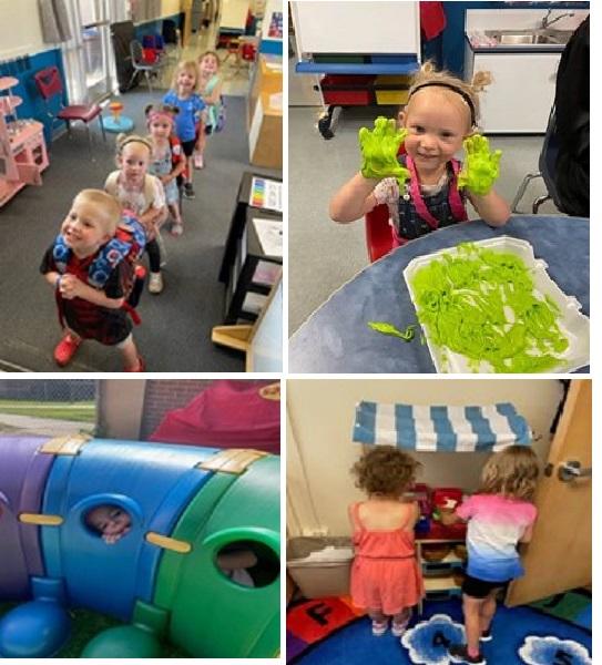 Top left, preschoolers line up; top right, young girl with gooey green hands; lower left, students in a tunnel; lower right, young girls at a play kitchen
