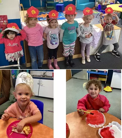 Upper: six preschoolers wear homemade firehats; Lower: two photos of preschoolers, one in a chef's hat eating food, the other painting on a paper plate.
