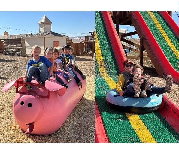 Left: six preschoolers atop a pink pig tank; adult and child ride in a tube down a slide