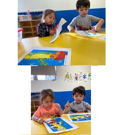 Upper: tow students cut papers, Lower: two students look at their finished papers