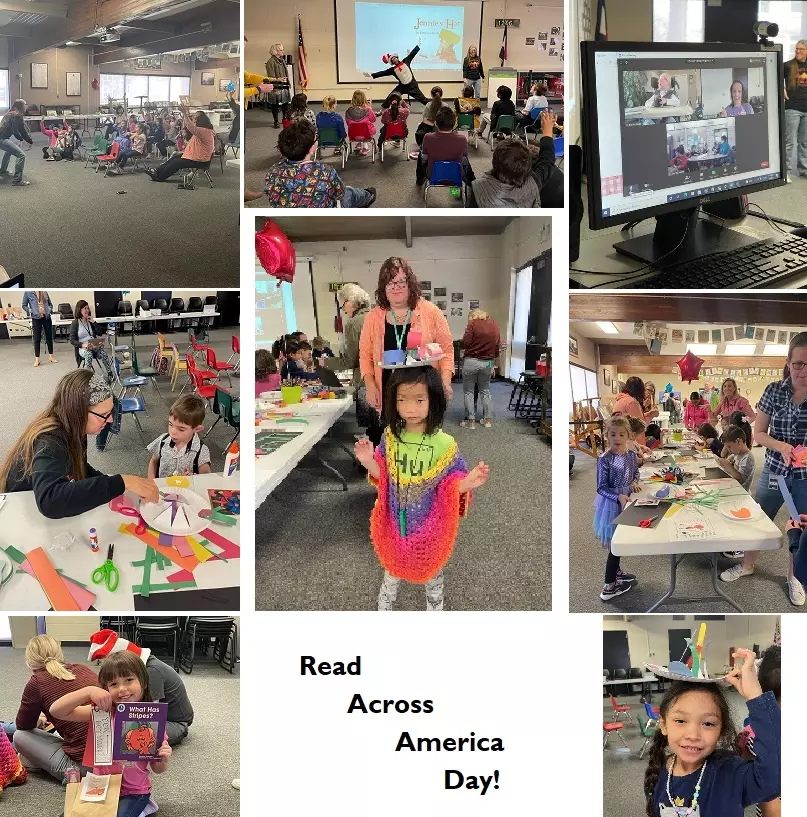  four students with the Cat in the Hat; text "Read Across America Day"; lower right, many students listen to the story.