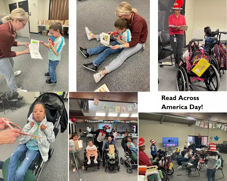left and center, teacher and student involved in reading together; right, library specialist reads to students; lower left, girl in wheelchair with a book in her lap