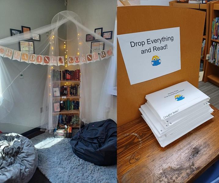 left, reading corner with comfy beanbags and a rug;right; text, "Drop Everything and Read!"