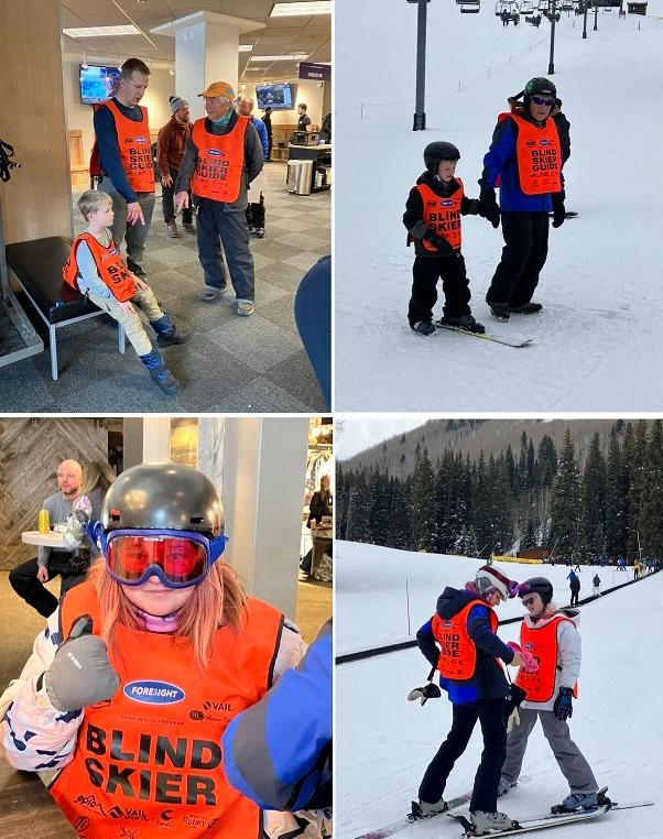 upper left boy and 2 adults wearing ski vests, chat inside; top right, boy and male ski guide on the slopes for instruction; lower left, girls wearing goggles, a ski vest and gloves poses inside; lower right, a girl and a ski guide face each other using the snow plow while outside on the slope.