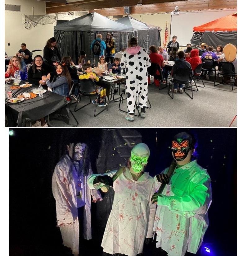 Upper: costumed students and staff sitting at tables; Lower: three glowing costumed people